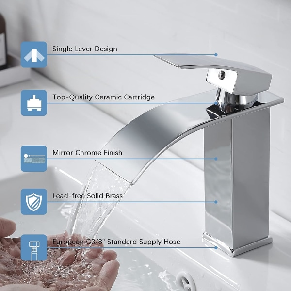 Modern vattenfall badrumskran, elegant design vattenfall handfat kran, mässing badrum blandare kran, varmt och kallt vatten tillgängligt, krom vattenfall kran
