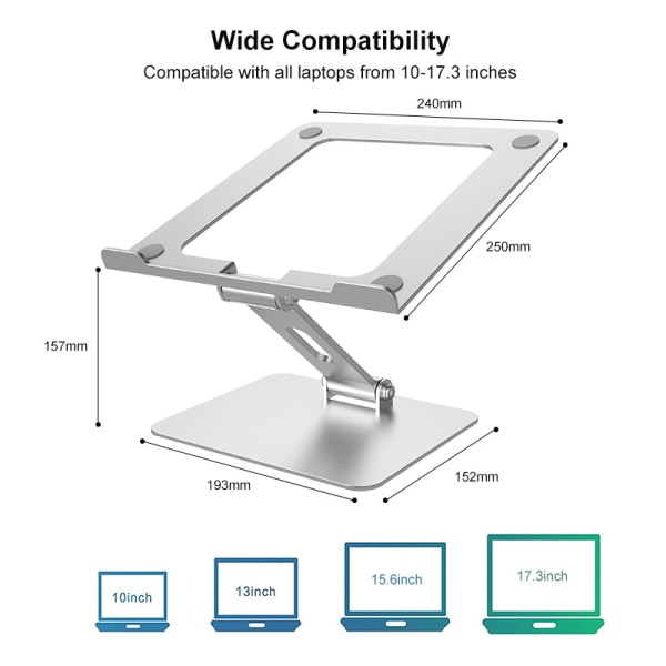 Laptopstativ, Ergonomiskt hopfällbart laptopstativ i aluminium, Laptopstativ kompatibelt med MacBook Air Pro, Dell XPS, HP och fler 10-16 tums laptops