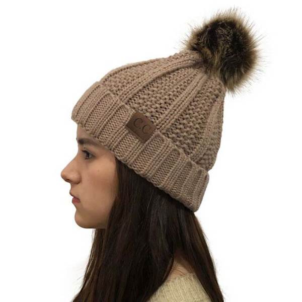 Kvinners vinterribbet lue Crossover Cap Chunky Cable Knit Pom Pom Myk isolert lue (svart)