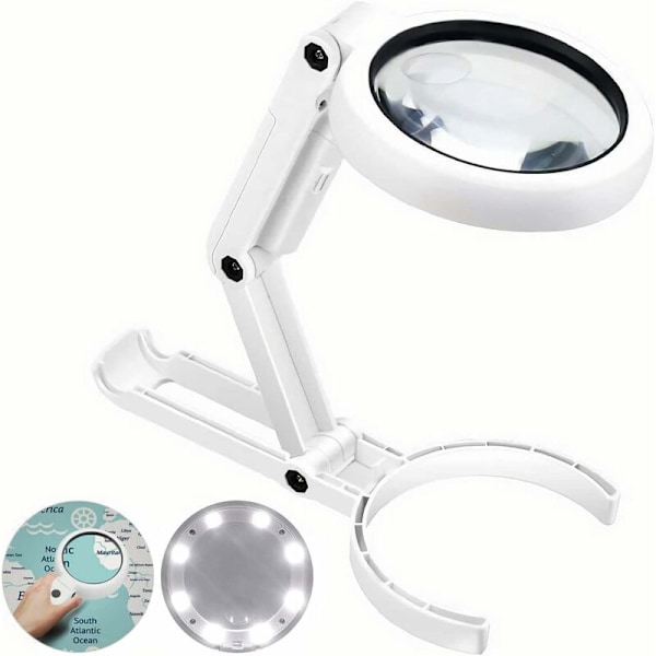 Handhållen förstoringsglas med belysning, 5x 11x bordsförstoringsglas med hopfällbart stöd, läsförstoringsglas, bordsförstoringsglas med ljus 8 LED, fo