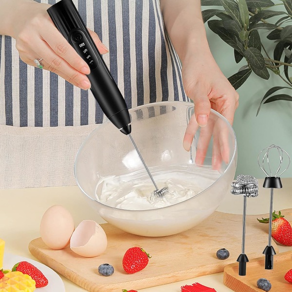 3-trinns justerbar melkeskummer med 2 forskjellige blandehoder for kaffe, latte, cappuccino, varm sjokolade, egg