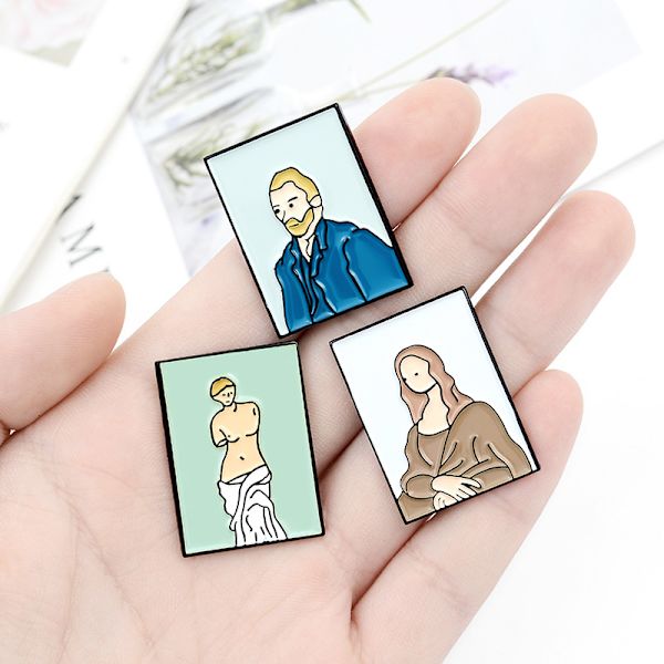 5-delad tecknad brosch Handgjord emaljbricka Van Gogh Mona Lisa brosch Nyhetsslagsbrosch, skjortmärkesaccessoar Modebrosch