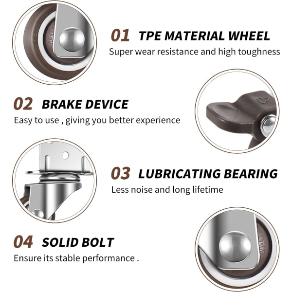 4X svingbare hjul, møbelhjul, hjul med brems, L-monteringsplate 25mm, egnet for møbler, blomsterstativer, barnesenger