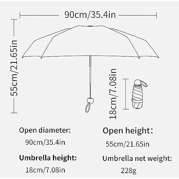 Foldbar paraply, 6 ribber solparaply vindstærk  Ultralet mini lommeparaply Let og kompakt vindstærk paraply til mænd og kvinder 90 x 55cm