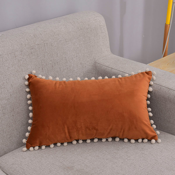 (30x50cm, Orange) Set med 2 dekorativa kuddfodral i mjuk sammet med pompom, prydnadskuddfodral för heminredning, kuddfodral för soffa, säng, stol, sovrum, vardagsrum