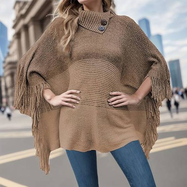 Naisten poncho huivi huivi ylisuuri talvihuivi neulottu poncho pusero lämmin (Khaki)