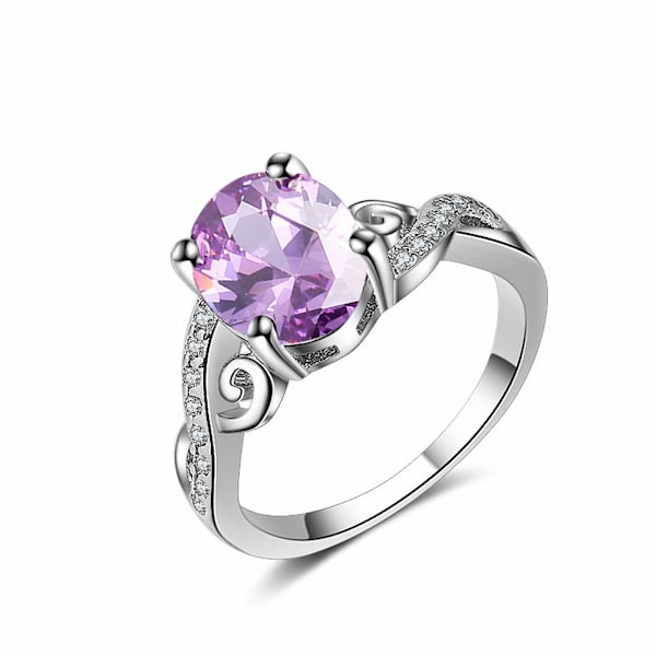 Yksinkertainen violetti pyöreä tyyli, leikattu zirkonia, platinapinnoitettu sormus, naisten korut, koko 7