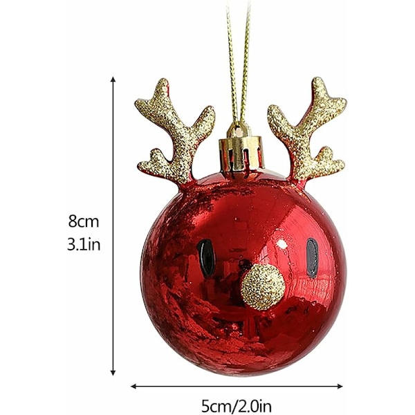 Sett med 8 julekuler som ikke knuser til juletreet, med reinsdyr, gull og rødt anheng, til julebordsdekorasjon