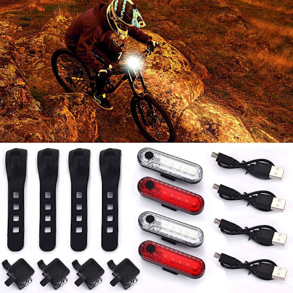 4 stk USB-oppladbare LED-sykkellys bak og foran, vanntett sykkellys, 4 USB-kabler inkludert