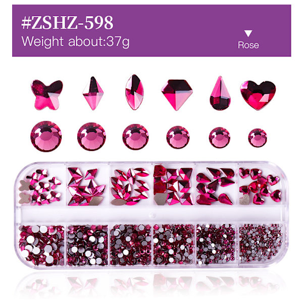 (Pink) 12 Krystal Sten Sæt til Neglekunst - Neglekunst, Krystal Rhinestone Neglekunst, Blandede Størrelser, Diamant Negledekoration Blanke Farvede Krystaller i B