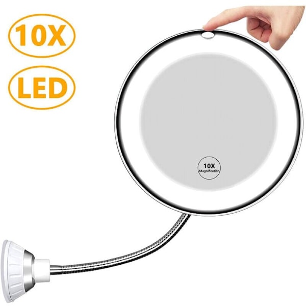 Muggly flexibel spegel med LED-ljus 10x förstoring, stark sugkopp, sminkbordsspegelbelysning, sminkspegel