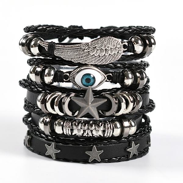5 stk sorte flettede lærarmbånd til mænd og kvinder Punk Eye armbånd Rock