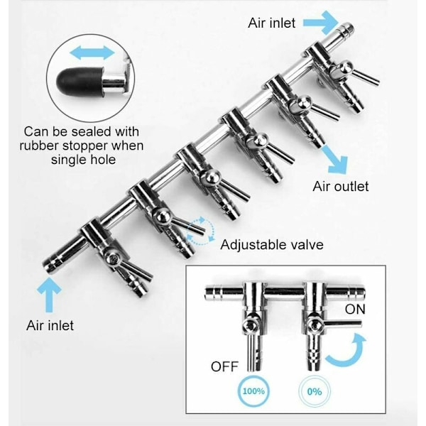 Akvarie Luftstrøms Splitter Fisketank Luft Stål Kontrolventiler i rustfrit stål Akvarie Iltfordeler Fisketank Tilbehør Luftpumpe (6 baner)