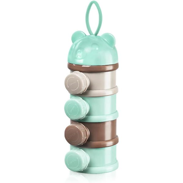 Doseringspump för mjölkpulver (blå), bärbar doseringspump för baby med 4 fack och pip, stapelbara behållare, lämplig för snacks, L