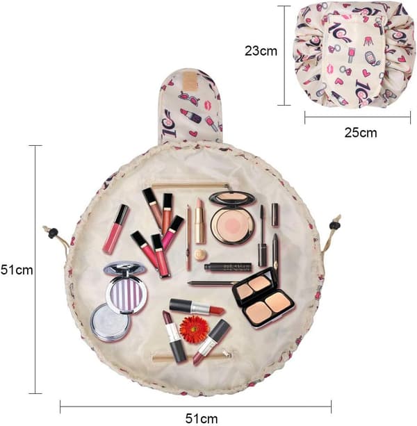 Makeup-tasker til kvinder, Lazy Drawstring kosmetikposer, store toilettasker med flad bund, vandtætte bærbare rejsemakeup-arrangører
