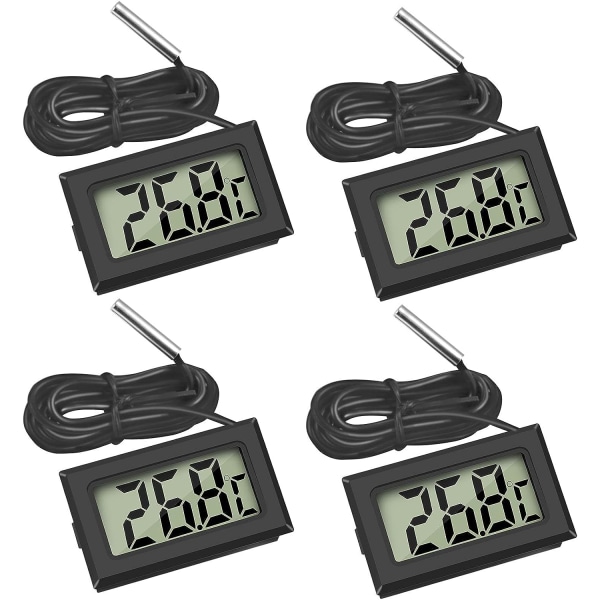 4x digitalt LCD termometer temperaturmonitor (sort) med ekstern sonde, egnet til køleskabe, frysere, akvarier