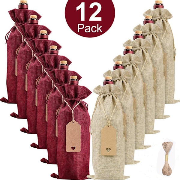 12 stk. vinposer i jute canvas med strammesnor for vinflaske til julebursdagsfest