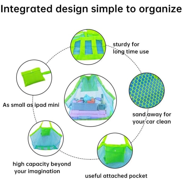 Stor Mesh Strandtaske til Legetøj Sand Away Tote med Lynlås til Børn Svømmepøl Rejse Sandede Sko Våde Håndklæder 16 x 9,4 x 16 tommer Grønne Remme Blåt Mesh