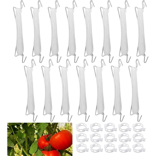 (Hvid) Tomatholder Krog, 15 Stykker Tomatreb Krog Holder med 10m Reb og 15 Stykker Holder Clips, Have Tomatkrog til Have, Blomster, Vege