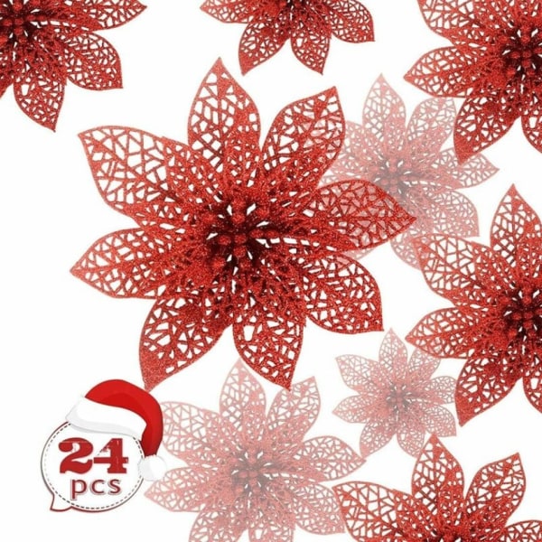 24 pcs Red Christmas Poinsettia Glitter Ornament, Christmas Tree Decoration, Christmas Flowers, Christmas Decor Ornament for Christmas Party Christm