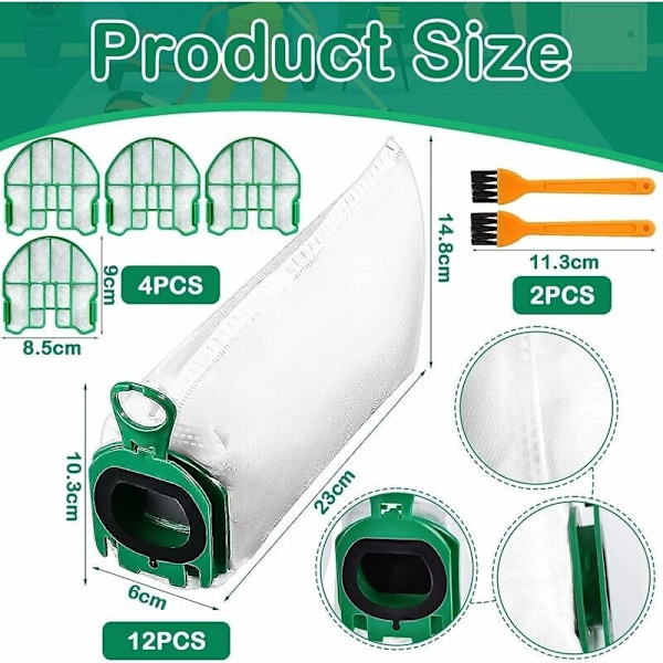 12 støvsugerposer til Vorwerk Kobold VB100 VB 100 FP100 FP 100, reservedels støvpose sæt kompatibel støvsugerpose med 4 motorfiltre + 2 rengøringsbørster