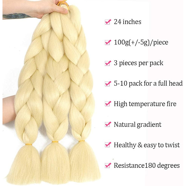 3-pack Syntetiskt Fläthår Yaki-Textur Lätt att Fläta Försträckt 24 Tum (Blond)