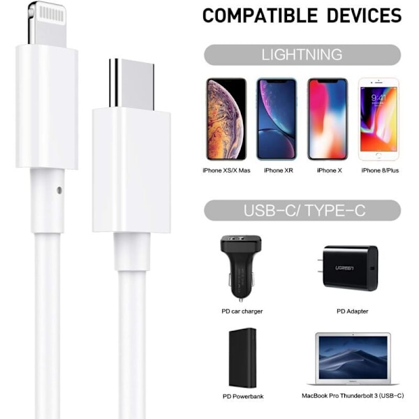 USB C til Lightning Kabel 2 Meter Apple MFi Certificeret Strømoverførsel Hurtig Oplader Kabel til iPhone 12/12 Mini/12 Pro/12 Pro Max/11 Pro/11 Pro Max/