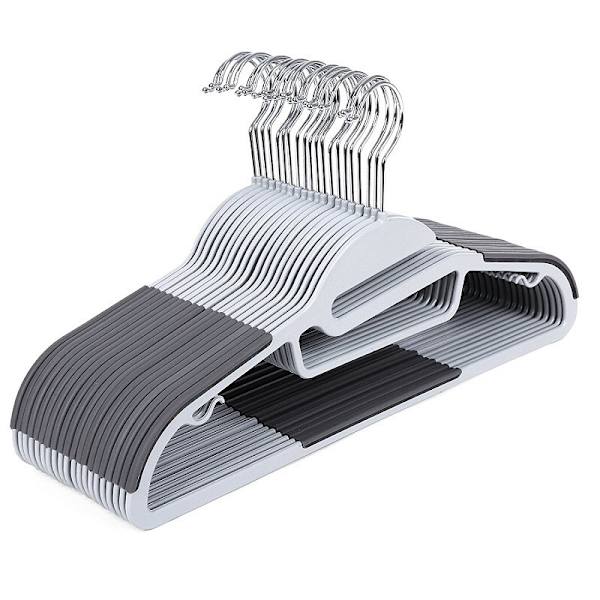 10 galgar, kraftiga galgar i plast, halkfria, platsbesparande, 0,6 cm tjocklek, 360° vridbar krok, 42 cm längd, grå