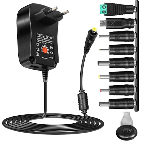 Universell strömförsörjningsadapter, Adapter Universell Sektor Justerbar 30W AC till DC 12V 9V 7.5V 6V 5V 4.5V 3V Multi-ställbar strömadapter, för hushåll