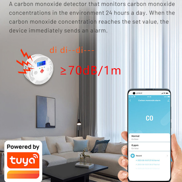 Bärbar elektrokemisk sensor Tuya Wifi, CO-testare, LCD-skärm, kolmonoxiddetektor med ljud- och ljuslarm och funktion för påminnelse om lågt batteri
