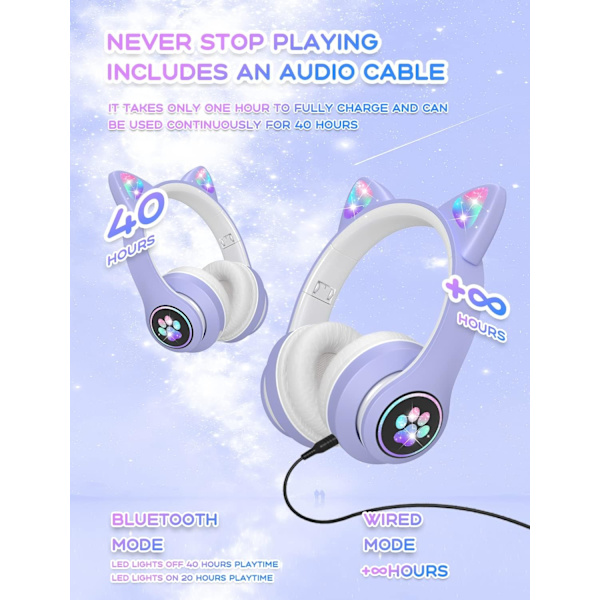 Bluetooth-lasten kuulokkeet HD-mikrofonilla/LED-valoilla (violetti), 85 dB:n äänenvoimakkuudella rajoitetut lasten kuulokkeet, stereokuulokkeet lapsille älypuhelimeen, i