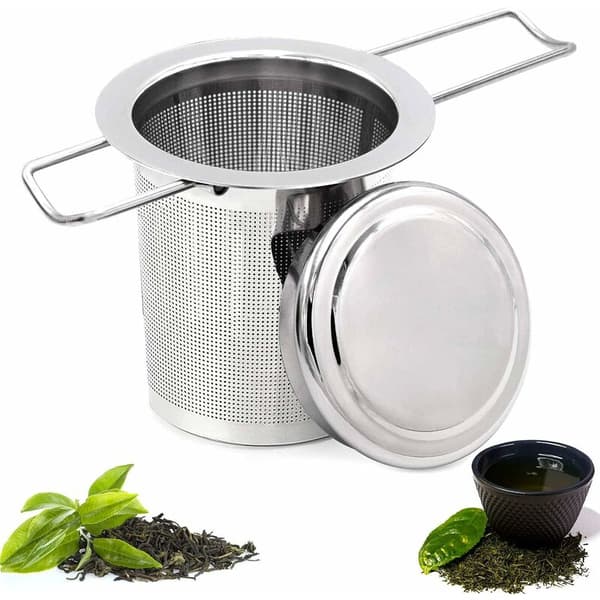 Te-filter, rostfritt stål te-filter, te-sil, te-infuser te-sil med lock, finhåls te-filter, hopfällbar handtagsdesign lämplig för Cu