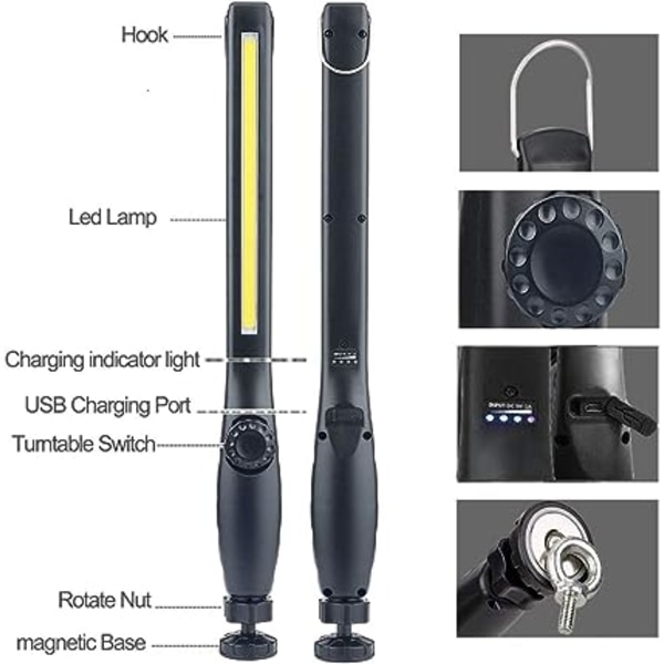 (Musta) Ladattava LED-työvalo magneetilla ja USB 360 Degr