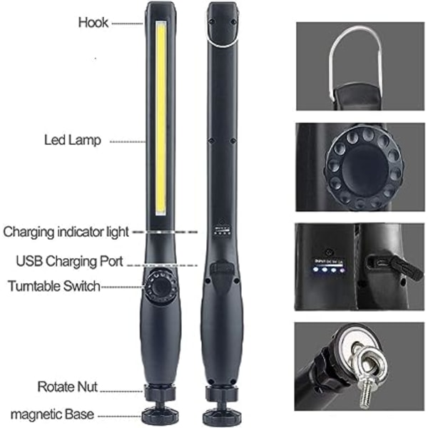 (Musta) Ladattava LED-työvalo magneettisella ja USB-liitännällä, 360 asteen pyörivä, ladattava LED-tarkastusvalo, tarkastusvalo kodin töihin