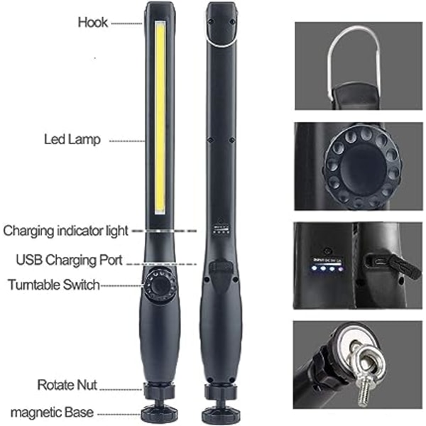 (Svart) Oppladbar LED arbeidslys med magnetisk og USB 360 graders rotasjon, oppladbar LED inspeksjonslys, inspeksjonslys for husholdningsarbeid