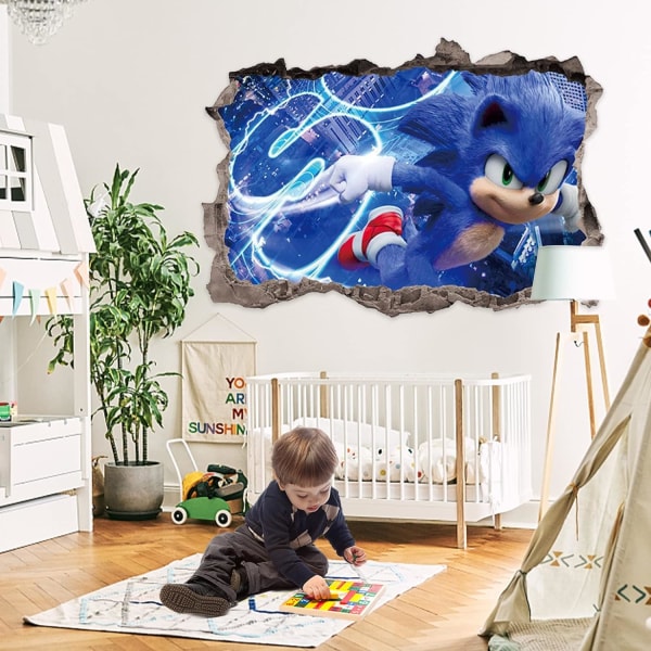 Barnehage Cartoon Soverom Bakgrunnsvegg Klistremerke, 3D Klistremerke Sonic Adventure TV Bakgrunnsvindusdekorasjon (63,5 cm * 43 cm)