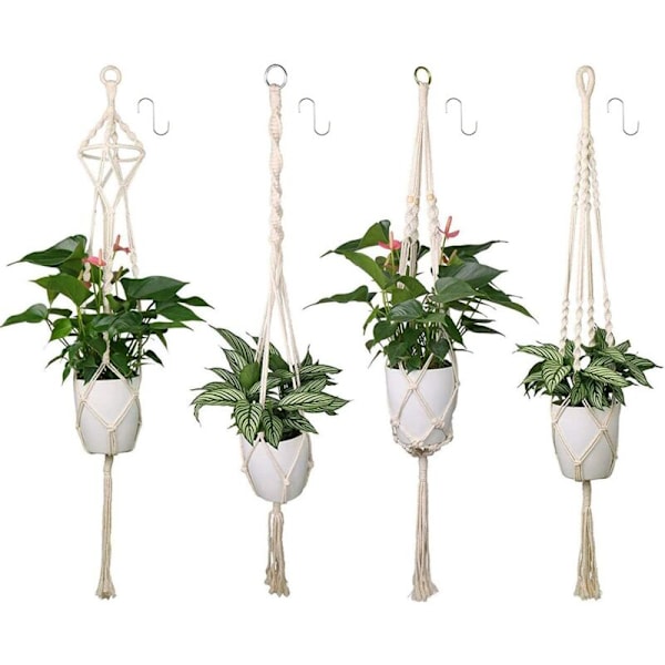 Set med 4 Makramé Växthängare Rep Hängande Krukställ Växthängare Inomhus Utomhus Trädgårdsdekoration (122 cm)