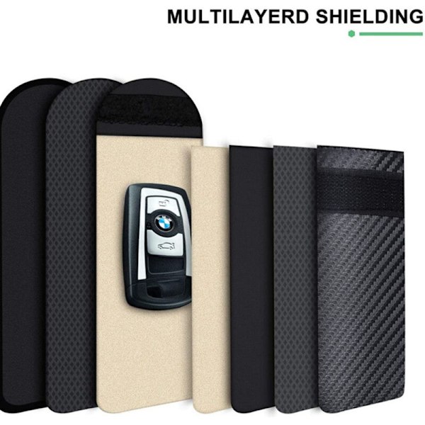 (9x14cm) Etui Anti Rfid signal Faraday taske, sæt med 2 lommer signalblokering til kulfiber carbon nøgle, med 2 nøgleringe i sort metal