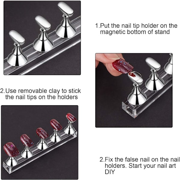 (Silver) 2 st Akryl Nagel Display Set Fingertopp Övningsställ Magnetisk Nagel Övningsställ DIY Falska Naglar Konst Nagelkonst