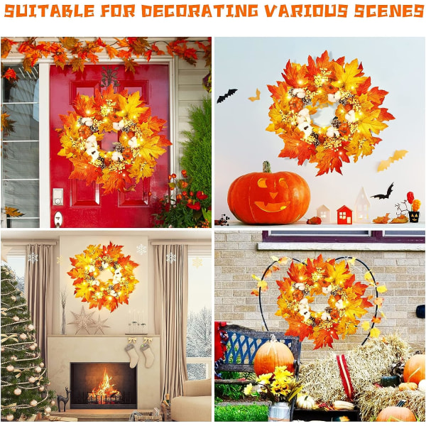 50 cm höstkrans, kransdörrdekoration höst tacksägelsegirlang dekoration med LED-lampor, halloween jul höstdekoration