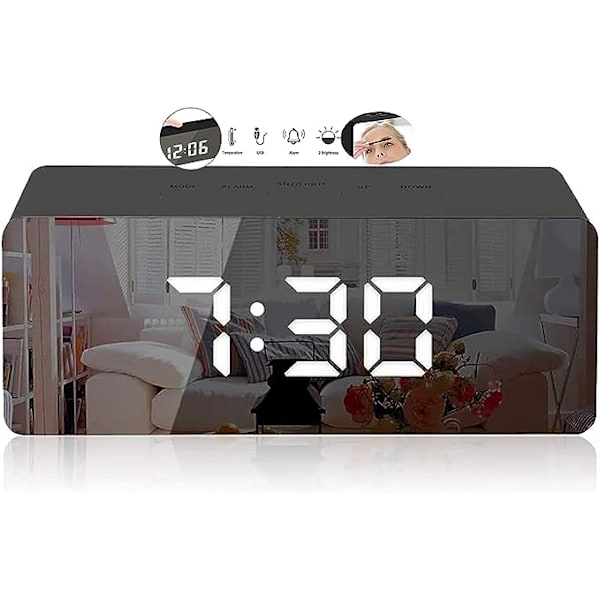 Kreativ digital spegelalarmklocka (svart, 14*3.4*5.5cm), LED-temperaturklocka vid sängen, snooze, röststyrd sminkningsspegel, LED-klocka med adju