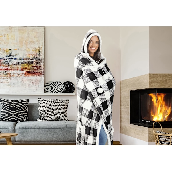 Sort og hvid ternet bærbart hættetrøjetæppe, oversized hættetrøjetæppe, bærbart tæppe til voksne, snuggle hættetrøjetæppe, sweatshirt-tæppe