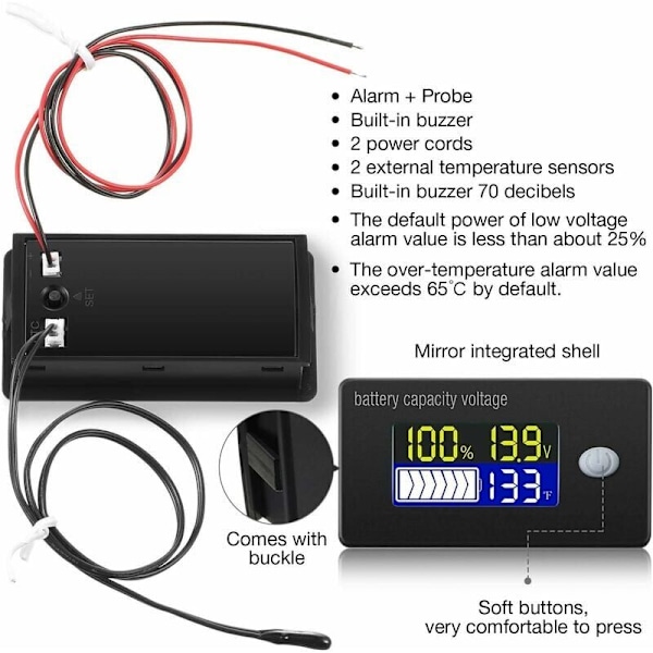 12V Batterikapacitetsindikator LCD-display Voltmeter Temperaturtestare för Li-ion Lifepo4 Blysyra