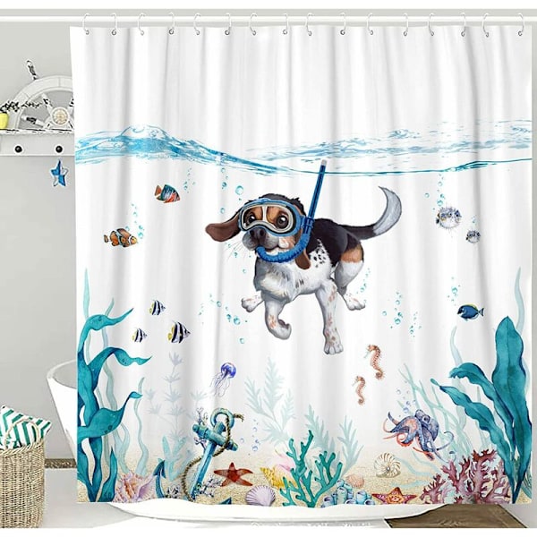 Söt Badrumsgardin Dykande Hund Marin Polyester Duschdraperi 180x180cm Hållbar Vattentät Modern Badrumsinredning med 12 krokar