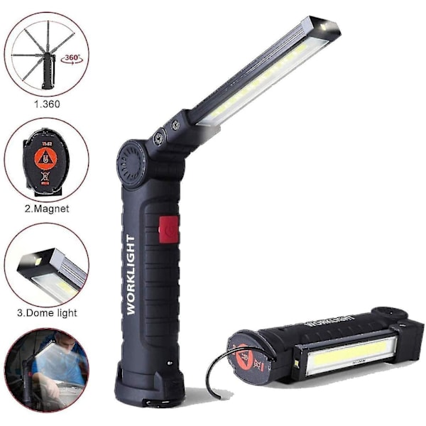 USB multifunksjons COB magnet autoreparasjon arbeidslys LED rødt lys advarselslys lyssterk lommelykt vedlikeholdsarbeidslys