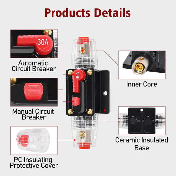 30 Amp Bilkretsbryter Sikringsholder Beskyttelse Audio Inline Hurtig Kretsbryter Sikringsholder Inverter med Manuell Tilbakestilling for Bil Båt Audio Sola