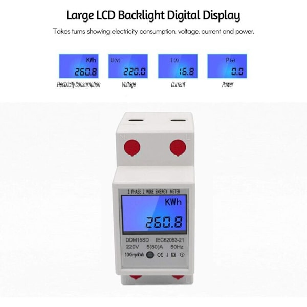 Enfas DIN-skena Energimätare 5-80A 220V 50Hz Elektronisk KWh-mätare med LCD-bakgrundsbelysning Digital Display DDM15SD