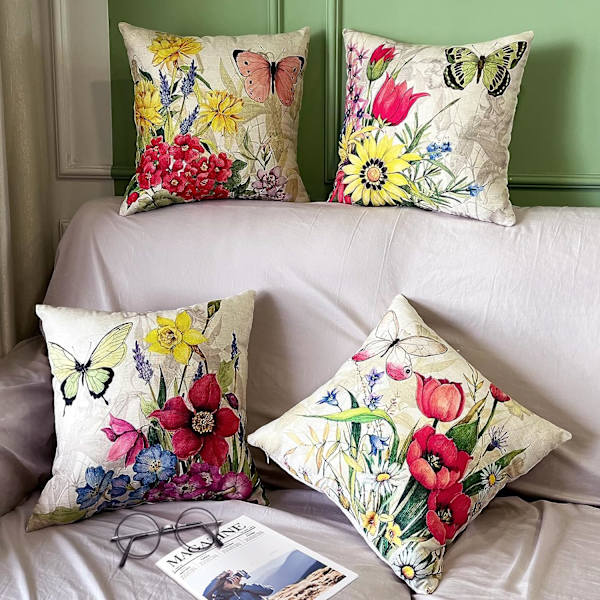 Sett med 4 putetrekk, putetrekk 45x45 putetrekk dekorative sofaputetrekk for soverom, sofa, stol, seng, hage (Blomster-Lin)