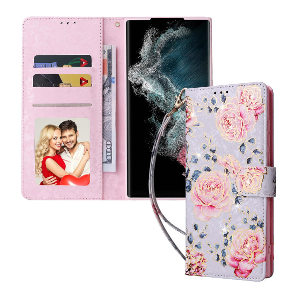 Magnetisk Flip Wallet Case Kompatibel Med Samsung Galaxy S23 Ultra, Bronzing Flowers Pu Lærdeksel Med Lanyard