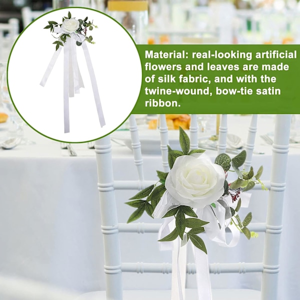 Vitt - Set med 6 bröllopsdekorationer för kyrkstolar, stolar, rosetter för bröllop, ceremonier, fester, dekorerade med konstgjord eukalyptus fl